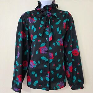 Vintage High Ruffle Neck Rose Print Top Sz L Dark Floral Puff Sleeve Whimsigoth